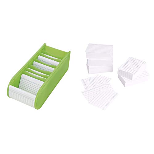 Wedo 2508011 Lernkartei (Rolloverschluss, 6 Stützplatten, inklusiv 100 A8 Karten), 21,7 x 9,2 x 7,3 cm, hellgrün & Amazon Basics – Karteikarten, liniert, A8, Weiß (1000 Stück) von WEDO
