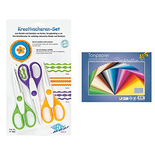 Wedo 771933 Kreativscheren Set, 3er Set, 16 cm & folia 6725/50 99 - Tonpapier Mix, 25 x 35 cm, 130 g/qm, 50 Blatt sortiert in 50 Farben - ideale Grundlage für vielseitige Bastelarbeiten von WEDO