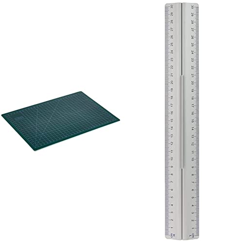 Wedo 79130 Schneideunterlage Cutting Mat A4 (CM 30, selbstschließende Oberfläche, 30 x 22 x 0,3 cm) grün & 525235 Lineal aus Aluminium 30 cm mit Griff für Rechts- und Linkshänder, silber von WEDO