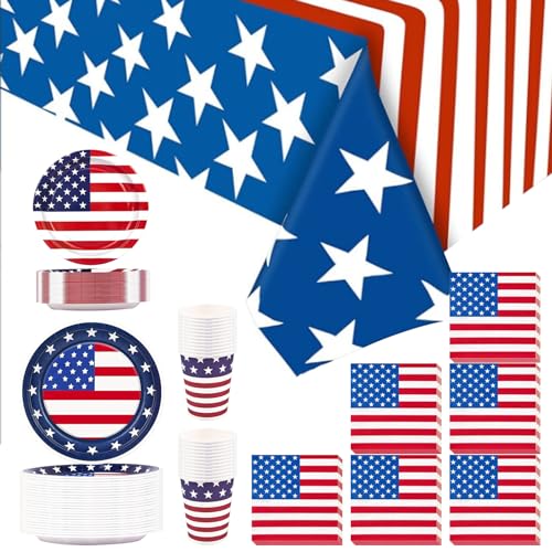 4. Juli Partyzubehör 97pcs Patriotic Party Supplies servieren 24 Gäste American Flag Party Supplies patriotische Tischdecke, Pappteller, Cup ＆ Servietten, Partyzubehör von Weduspaty