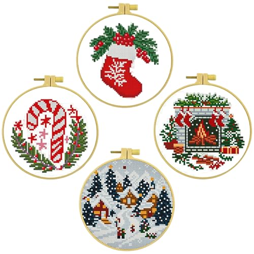 Weduspaty Weihnachtskunsthandwerk, Kreuzstiche Weihnachtsverzierung 4pcs/Set Stickkit mit Mustern und Werkzeugen Kamin Strumpfdorf Candy Cane Nadelpoint Kit für Anfänger Erwachsene von Weduspaty