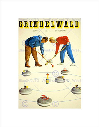 TRAVEL WINTER SPORT CURLING GRINDELWALD SWITZERLAND VINTAGE ART PRINT B12X1784 von Wee Blue Coo
