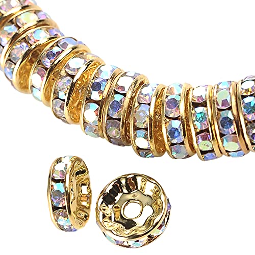 Weebee Rondelle-Abstandshalter-Perlen, Kristall-Charms, versilbert, tschechische Strasssteine, lose Perlen für Schmuckherstellung, DIY-Armbänder (AB Gold, 4 mm), 4 mm, 100 Stück von Weebee