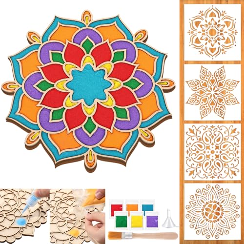 Weekgrat 30 cm Diwali-Rangoli-Matten, Mandala-Sandkunst-Set enthält 4 Stück 15,2 cm Malschablonen, Holz-Malmatte, Schablonen für Diwali-Rangoli-Festivals, Heimdekoration (Natur, stilvolles Mandala) von Weekgrat