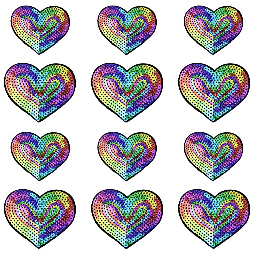 Weenkeey 12 Stück Herz Pailletten Patches Liebe Herz Aufbügeln Applikationen Bling Herz Gestickte Aufnäher für Kleid Jeans Jacken Hüte Taschen Schuhe - 2 Größen Mehrfarbig von Weenkeey