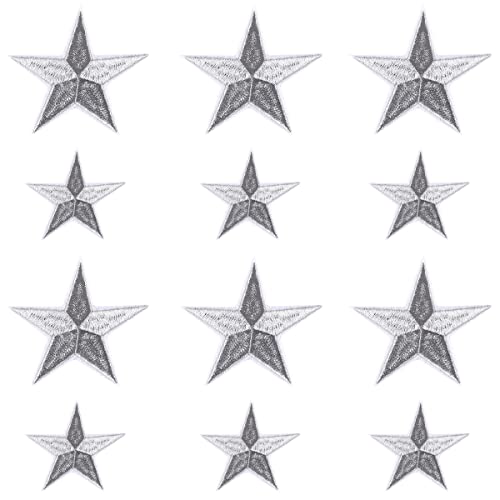 Weenkeey 12 Stück Stern Gestickte Aufnäher Pentagramm Aufnähen Patches Fünfzackiger Stern Aufbügeln Applikationen für Kleid Jeans Jacken Hüte Taschen Schuhe - 2 Größen Silber Stil 1 von Weenkeey