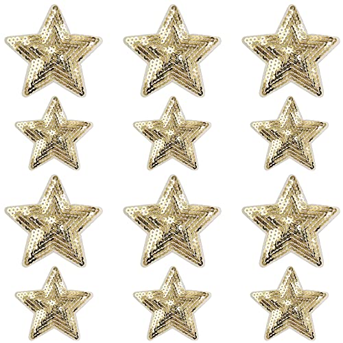Weenkeey 12 Stück Stern Pailletten Patches Pentagramm Aufbügeln Applikationen Bling Stern Gestickte Aufnäher für Kleid Jeans Jacken Hüte Taschen Schuhe - 2 Größen Gold von Weenkeey