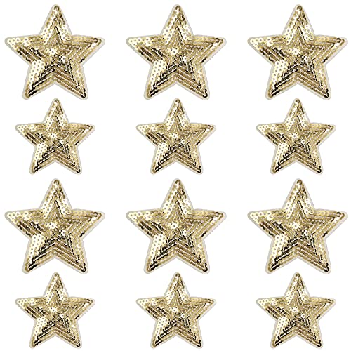 Weenkeey 12 Stück Stern Pailletten Patches Pentagramm Aufbügeln Applikationen Bling Stern Gestickte Aufnäher für Kleid Jeans Jacken Hüte Taschen Schuhe - 2 Größen Gold von Weenkeey