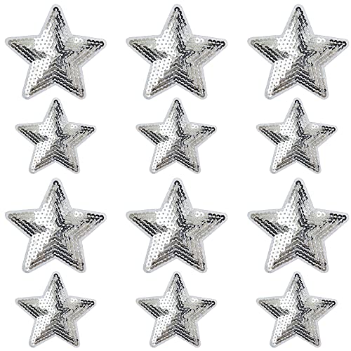 Weenkeey 12 Stück Stern Pailletten Patches Pentagramm Aufbügeln Applikationen Bling Stern Gestickte Aufnäher für Kleid Jeans Jacken Hüte Taschen Schuhe - 2 Größen Silber von Weenkeey