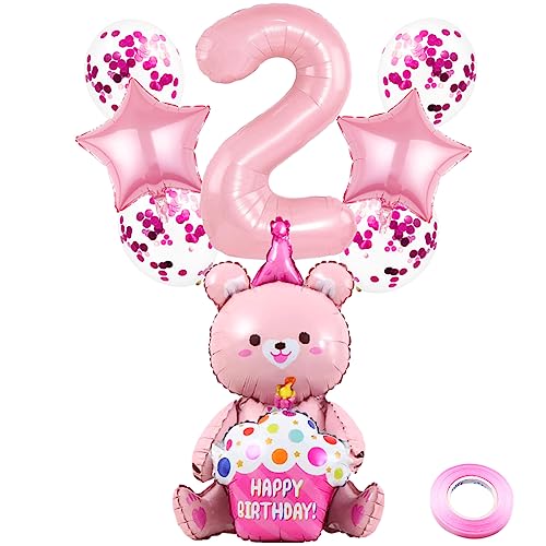 Weenkeey 2 Jahre Bären Geburtstag Deko Große Bär Folienballon 2. Geburtstag Bär Ballon Rosa Zahl 2 Luftballon für Mädchen Jungen Geburtstag Party von Weenkeey