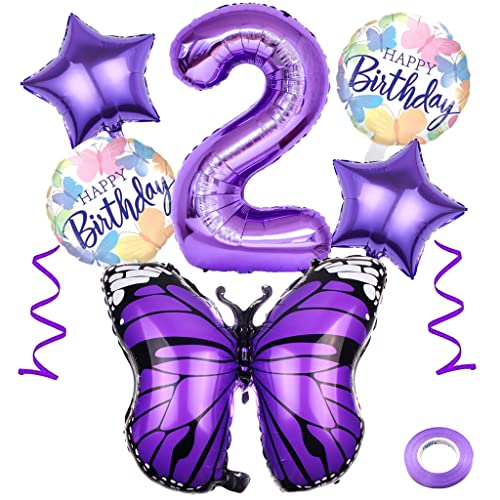 Weenkeey 2 Jahre Schmetterling Geburtstag Deko Großes Schmetterling Folienballon 2. Geburtstag Schmetterling Ballon Lila Zahl 2 Luftballon für Mädchen Geburtstag Party von Weenkeey