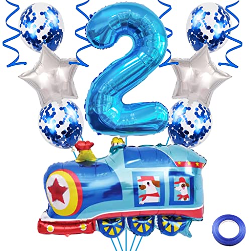 Weenkeey 2. Zug Geburtstag Dekoration 2 Jahre Geburtstag Zug Luftballons Zug Folienballons Blau Zahl 2 Helium Ballon für Eisenbahn Motto Party Junge Geburtstag Party Supplies von Weenkeey