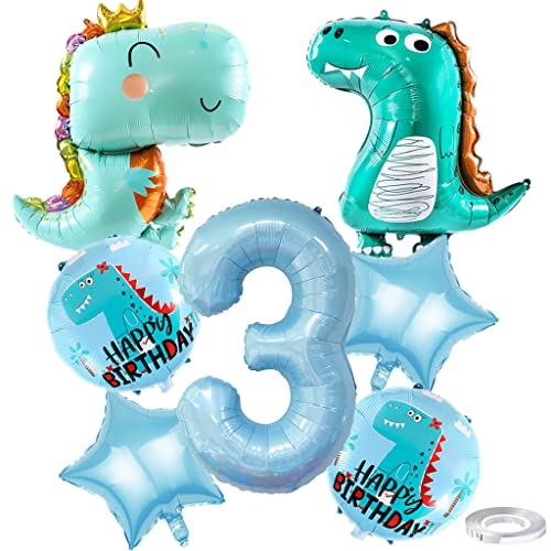 Weenkeey 3 Jahre Dinosaurier Geburtstag Dekoration Großes Dinosaurier Happy Birthday Luftballon 3. Geburtstag Dino Heliumballon Hellblau Zahl 3 Folienballon für Dino Party Junge Geburtstag Party von Weenkeey