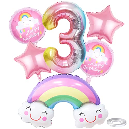 Weenkeey 3 Jahre Regenbogen Geburtstag Deko Großes Regenbogen Folienballon 3. Geburtstag Regenbogen Ballon Zahl 3 Luftballon für Mädchen Geburtstag Party von Weenkeey