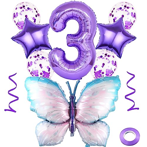 Weenkeey 3 Jahre Schmetterling Geburtstag Deko Große Bunt Schmetterling Folienballon 3. Geburtstag Schmetterling Luftballon Lila Zahl 3 Luftballon für Mädchen Geburtstag Party von Weenkeey