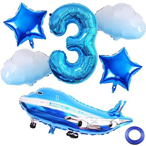 Weenkeey 3. Flugzeug Geburtstag Dekoration 3 Jahre Geburtstag Flugzeug Luftballons Flugzeug Cloud Folienballons Blau Zahl 3 Helium Ballon für Flugzeug Party Junge Geburtstag Party Supplies von Weenkeey