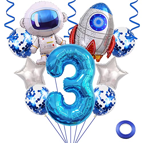 Weenkeey 3. Geburtstag Weltraum Luftballons Riesen Astronaut Rakete Folienballons 32 Zoll Blau Zahl 3 Helium Ballon 3. Geburtstag Luftballon Raummann Mylar Balloon für Junge Geburtstag Party von Weenkeey