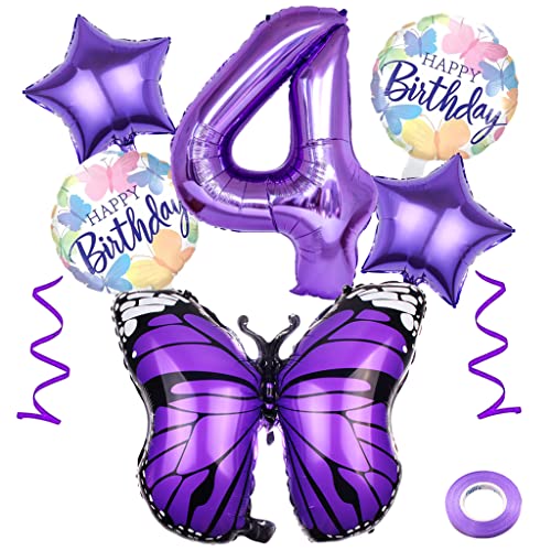 Weenkeey 4 Jahre Schmetterling Geburtstag Deko Großes Schmetterling Folienballon 4. Geburtstag Schmetterling Ballon Lila Zahl 4 Luftballon für Mädchen Geburtstag Party von Weenkeey