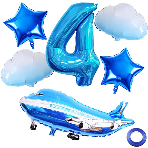 Weenkeey 4. Flugzeug Geburtstag Dekoration 4 Jahre Geburtstag Flugzeug Luftballons Flugzeug Cloud Folienballons Blau Zahl 4 Helium Ballon für Flugzeug Party Junge Geburtstag Party Supplies von Weenkeey