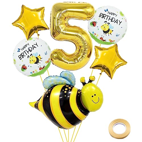 Weenkeey 5 Jahre Biene Geburtstag Deko Große Biene Folienballon 5. Geburtstag Honigbienen Ballon Gold Zahl 5 Luftballon für Mädchen Jungen Geburtstag Party von Weenkeey