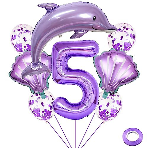 Weenkeey 5 Jahre Delfin Geburtstag Deko Große Delfin Folienballon 5. Geburtstag Delfin Ballons Lila Zahl 5 Luftballon für Mädchen Geburtstag Party von Weenkeey