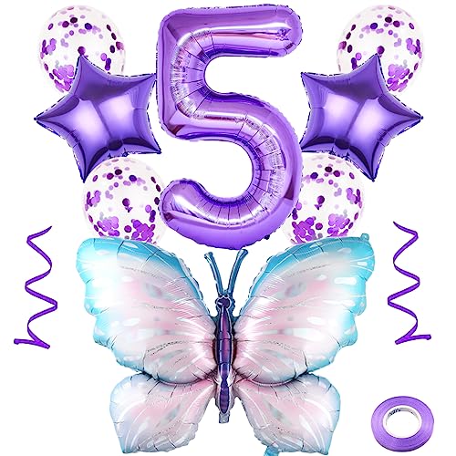 Weenkeey 5 Jahre Schmetterling Geburtstag Deko Große Bunt Schmetterling Folienballon 5. Geburtstag Schmetterling Luftballon Lila Zahl 5 Luftballon für Mädchen Geburtstag Party von Weenkeey