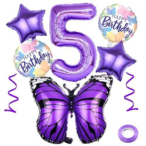 Weenkeey 5 Jahre Schmetterling Geburtstag Deko Großes Schmetterling Folienballon 5. Geburtstag Schmetterling Ballon Lila Zahl 5 Luftballon für Mädchen Geburtstag Party von Weenkeey