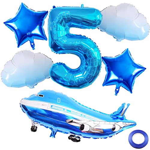 Weenkeey 5. Flugzeug Geburtstag Dekoration 5 Jahre Geburtstag Flugzeug Luftballons Flugzeug Cloud Folienballons Blau Zahl 5 Helium Ballon für Flugzeug Party Junge Geburtstag Party Supplies von Weenkeey