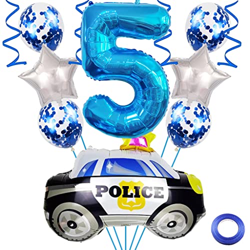 Weenkeey Polizei Geburtstag Dekoration - 5 Jahre Luftballons, Polizeiauto Folienballons, Blau Zahl 5 Helium Ballon für Motto Party Junge Supplies von Weenkeey