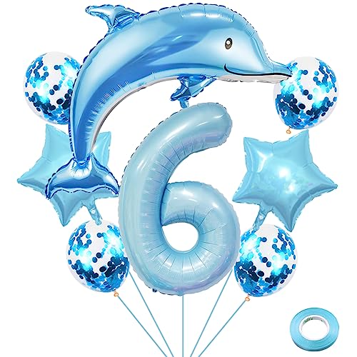 Weenkeey 6 Jahre Delfin Geburtstag Deko Große Delfin Folienballon 6. Geburtstag Delfin Ballons Hellblau Zahl 6 Luftballon für Jungen Geburtstag Party von Weenkeey