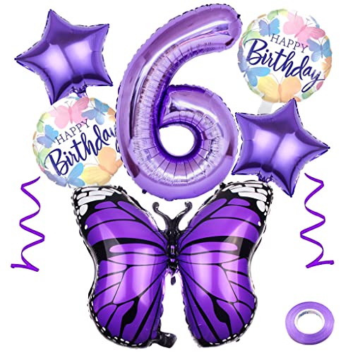 Weenkeey 6 Jahre Schmetterling Geburtstag Deko Großes Schmetterling Folienballon 6. Geburtstag Schmetterling Ballon Lila Zahl 6 Luftballon für Mädchen Geburtstag Party von Weenkeey