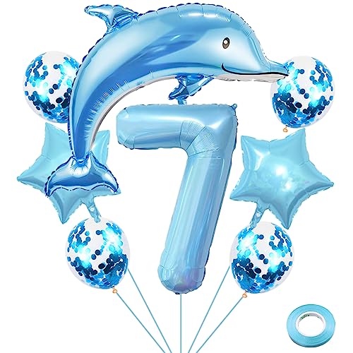 Weenkeey 7 Jahre Delfin Geburtstag Deko Große Delfin Folienballon 7. Geburtstag Delfin Ballons Hellblau Zahl 7 Luftballon für Jungen Geburtstag Party von Weenkeey