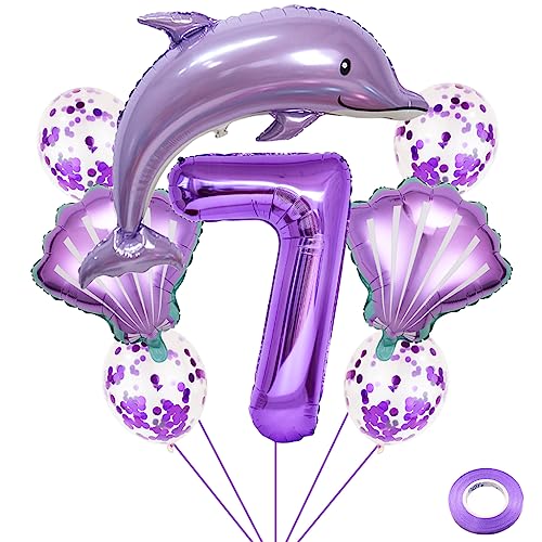 Weenkeey 7 Jahre Delfin Geburtstag Deko Große Delfin Folienballon 7. Geburtstag Delfin Ballons Lila Zahl 7 Luftballon für Mädchen Geburtstag Party von Weenkeey