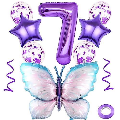 Weenkeey 7 Jahre Schmetterling Geburtstag Deko - Große Bunt Folienballon, Luftballon Lila Zahl 7 für Mädchen Party von Weenkeey