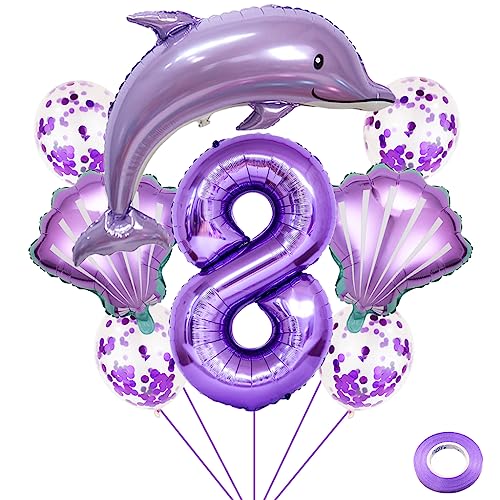 Weenkeey 8 Jahre Delfin Geburtstag Deko Große Delfin Folienballon 8. Geburtstag Delfin Ballons Lila Zahl 8 Luftballon für Mädchen Geburtstag Party von Weenkeey