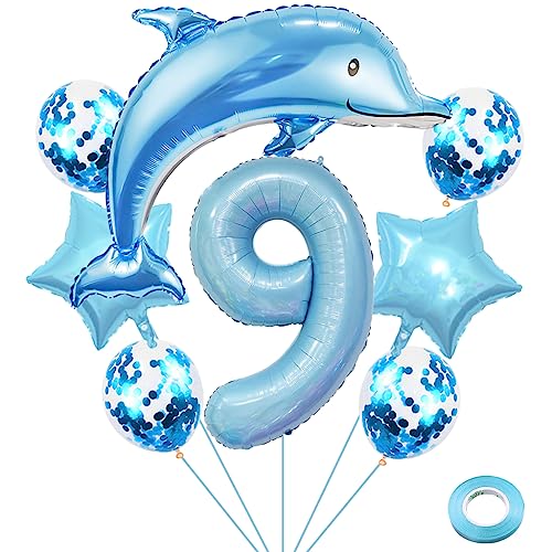 Weenkeey 9 Jahre Delfin Geburtstag Deko Große Delfin Folienballon 9. Geburtstag Delfin Ballons Hellblau Zahl 9 Luftballon für Jungen Geburtstag Party von Weenkeey