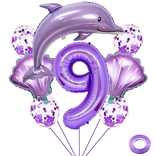 Weenkeey 9 Jahre Delfin Geburtstag Deko Große Delfin Folienballon 9. Geburtstag Delfin Ballons Lila Zahl 9 Luftballon für Mädchen Geburtstag Party von Weenkeey