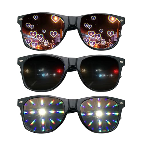 Weenwill Diffractions Party Brille,3 Stück 3D-Prisma,Herz-Stern-Feuerwerk-Effekt,Rave-Brille,Kaleidoskop-Brille,Party-Brille für Damen und Herren,für Partys,Clubs und Konzerte von Weenwill