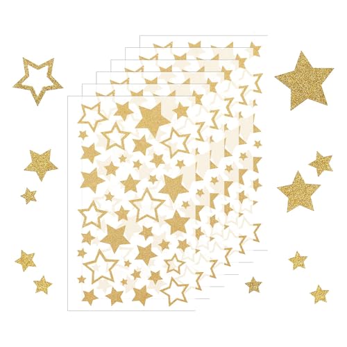 Weenwill Sterne Aufkleber,6 Blatt Sticker Stern Aufkleber Glitzer Gold Star-Etiketten Dekorative Sternaufkleber Belohnungssticker für Kinder für DIY Weihnachten Deko Weihnachtskarten,Bastelarbeiten von Weenwill