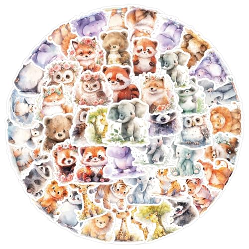 Weenwill Tiere Aufkleber Kinder,100 Stück Tiere Sticker Sets Aquarell Niedliches Wasserfest Safari Sticker Selbstklebend Cartoon Tier Aufkleber für Laptop Scrapbook Wasserflasche Fotoalben von Weenwill