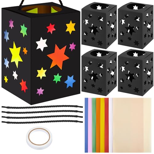 Weewooday 4 Set Laternen Bastelset Sankt Martin Laternenumzug 20 x 14 X14 cm Sonne Mond Sterne Laternen zum Basteln Laternen Rohlinge mit 8 Blatt Bunt Transparentpapier(Sterne Mond) von Weewooday