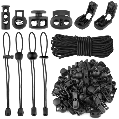 10M Elastische Gummischnur 3mm, Wefaly Gummiseil mit 40 Kordelstopper 2 Loch 1 Loch 40 Kordelklemme Gummikordel Gummiband Schwarz Rund Bungee Cord für Kordelzug Rucksack Bekleid Wäscheleinen von Wefaly
