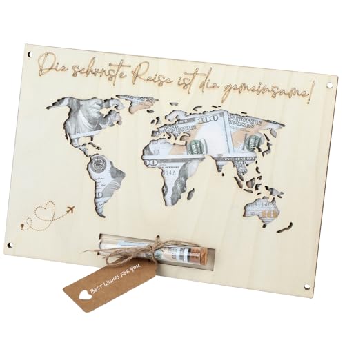 Geldgeschenk Hochzeit, Weltkarte aus Holz Hochzeitsgeschenk für Brautpaar Geldgeschenke Geburtstag für Braut und Bräutigam Flitterwochen Geschenk Paargeschenk (Holzfarbe) von Wefaly
