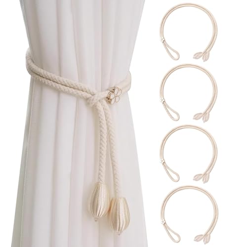Vorhang Raffhalter, Wefaly 4 Stück Raffhalter für Vorhänge 100CM Verstellbare Gardinen Raffhalter Baumwolle Vorhang Halter Gardinenhalter für Home Büro Gardinen Deko (Beige) von Wefaly