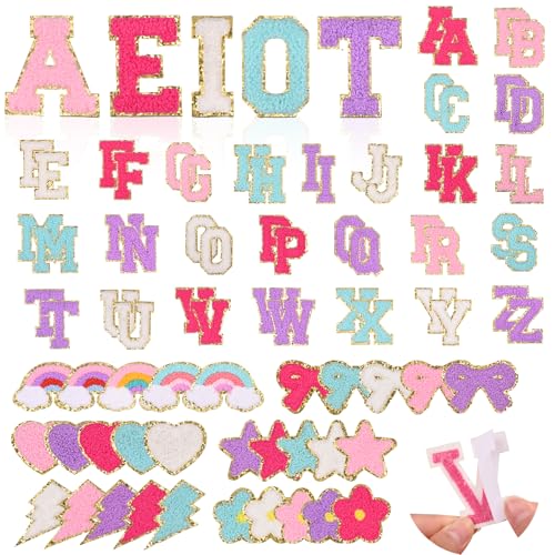 Wegitcs Chenille-Buchstaben-Aufnäher, selbstklebend, zum Selbermachen, A-Z, verschiedene Farben, niedliche Regenbogen-Schleife, Blume, Stern, Blitz, Herz, Alphabet-Aufkleber für Kleidung, Hüte Wegitcs Chenille-Buchstaben-Aufnäher, selbstklebend, zum Selbermachen, A-Z, verschiedene Farben, niedliche Regenbogen-Schleife, Blume, Stern, Blitz, Herz, Alphabet-Aufkleber für Kleidung, Hüte von Wegitcs