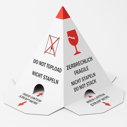 Palettenhütchen/Stapelschutzpyramide "Nicht stapeln", 5 Stück mit Selbstklebeverschluß, Karton weiß mit rotem Druck, auffällige Ladungssicherung Palettenhütchen/Stapelschutzpyramide "Nicht stapeln", 5 Stück mit Selbstklebeverschluß, Karton weiß mit rotem Druck, auffällige Ladungssicherung von Wegmann