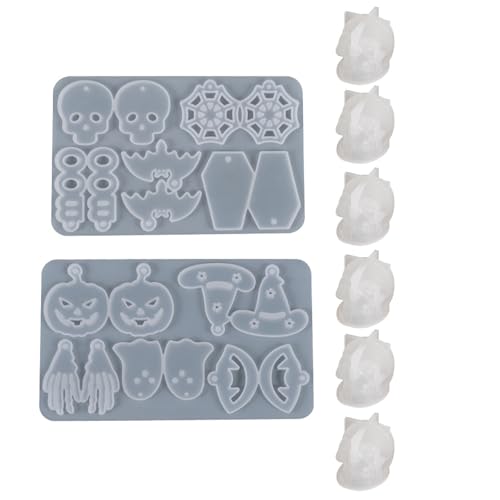 Wehous 8 x Halloween-Harzformen, 2 einzigartige Ohrring-Anhänger-Formen und 6 Mini-Totenkopf-Formen, Totenkopf, Hexe, Fledermaus, Kürbis, Silikonformen für Epoxidharz, Gießton Wehous 8 x Halloween-Harzformen, 2 einzigartige Ohrring-Anhänger-Formen und 6 Mini-Totenkopf-Formen, Totenkopf, Hexe, Fledermaus, Kürbis, Silikonformen für Epoxidharz, Gießton von Wehous