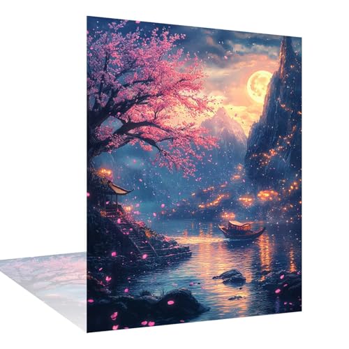 Diamond Painting Kirschblüten Diamond Painting Erwachsene Groß xxl 60x90cm Mond Diamant Art Bilder, DIY 5D Runder Vollbohrer Diamant Cross Stickerei Malerei Kits, Deko Wohnzimmer Geschenke W6-1041 von Wehsaeho