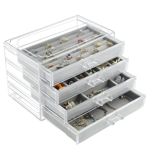 Weiai Acryl-Schmuck-Organizer, transparente Schmuckschatulle mit 4 Schubladen, Schmuckkästchen, Aufbewahrung für Frauen (grau) von Weiai