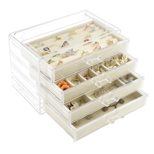 Weiai Acryl-Schmuck-Organizer, transparente Schmuckschatulle mit 4 Schubladen, Schmuckkästchen für Damen (Beige) von Weiai